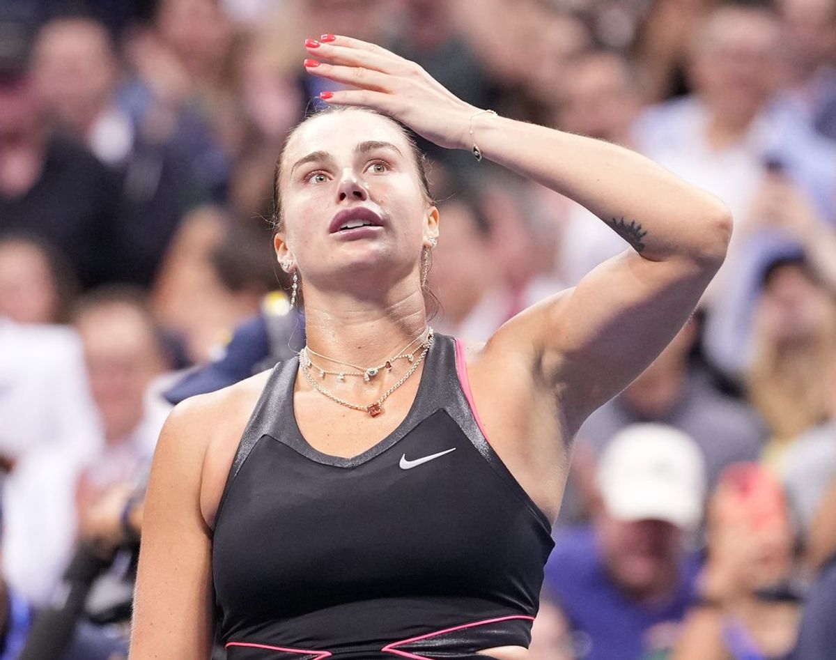 Sep 4, 2025; Flushing, NY, USA;  Aryna Sabalenka after beating Jessica Pegula (USA) (not pictured) on day twelve of the 2025 U.S. Open tennis tournament at the USTA Billie Jean King National Tennis Center. Mandatory Credit: Robert Deutsch-Imagn Images