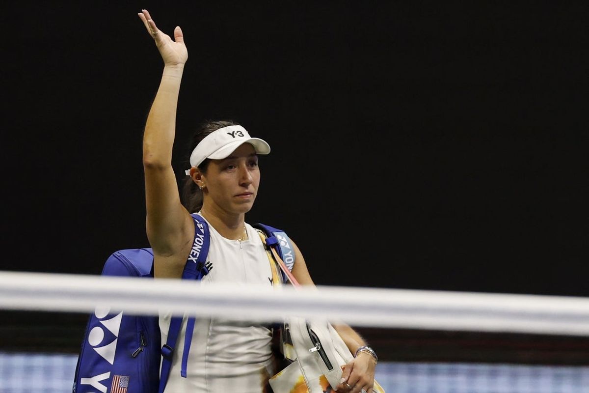 Sep 4, 2025; Flushing, NY, USA; Jessica Pegula (USA) waves to the crowd while leaving the court after her match against Aryna Sabalenka (not pictured) in a women's singles semifinal of the 2025 US Open tennis championships at USTA Billie Jean King National Tennis Center. Mandatory Credit: Geoff Burke-Imagn Images