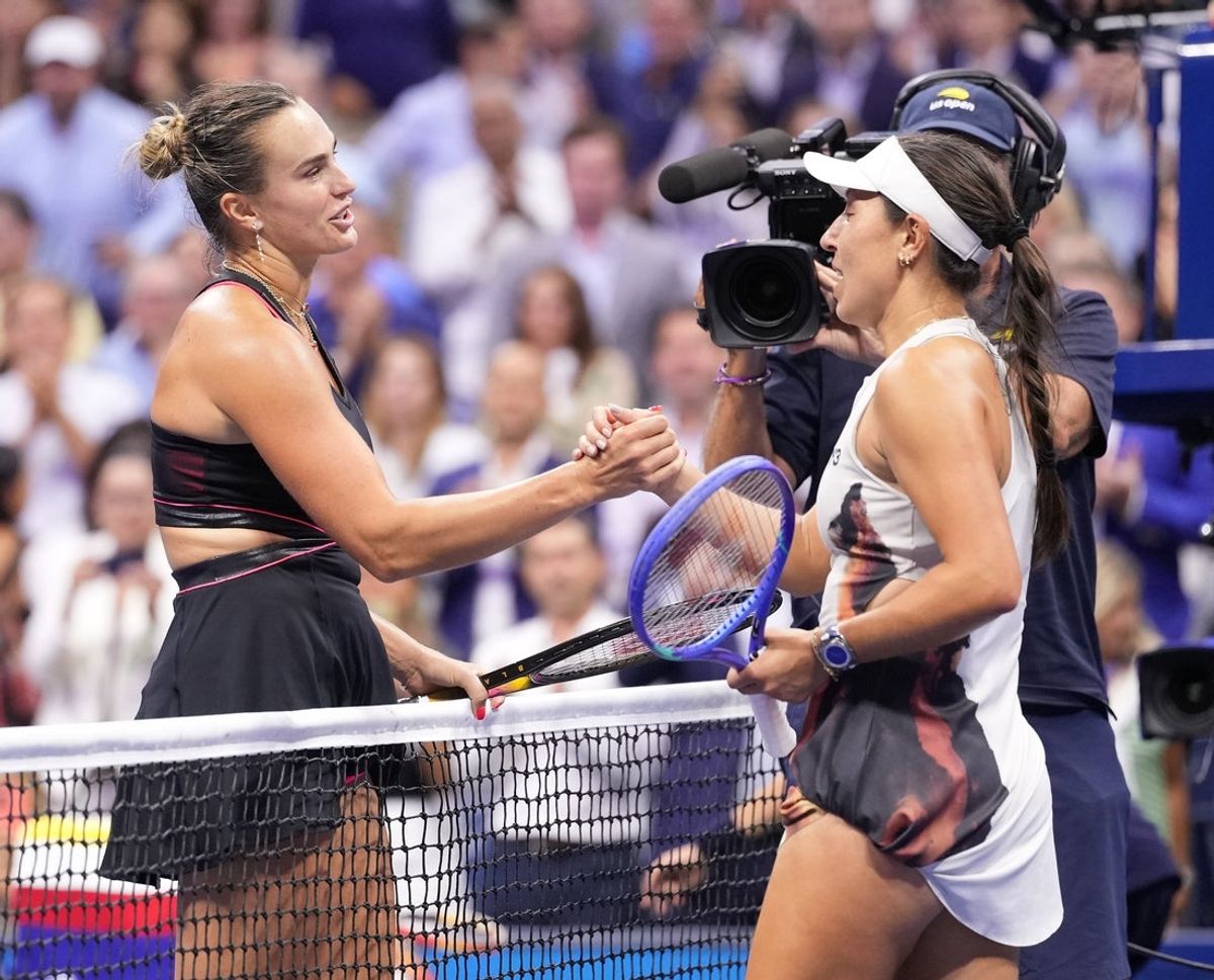Sep 4, 2025; Flushing, NY, USA;  Aryna Sabalenka (left) after beating Jessica Pegula (USA) (right on day twelve of the 2025 U.S. Open tennis tournament at the USTA Billie Jean King National Tennis Center. Mandatory Credit: Robert Deutsch-Imagn Images
