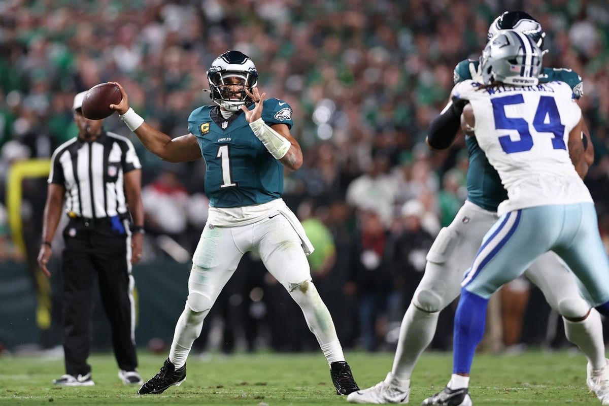 Sep 4, 2025; Philadelphia, Pennsylvania, USA; Philadelphia Eagles quarterback Jalen Hurts (1) passes the ball against the Dallas Cowboys during the second quarter of the game at Lincoln Financial Field. Mandatory Credit: Bill Streicher-Imagn Images