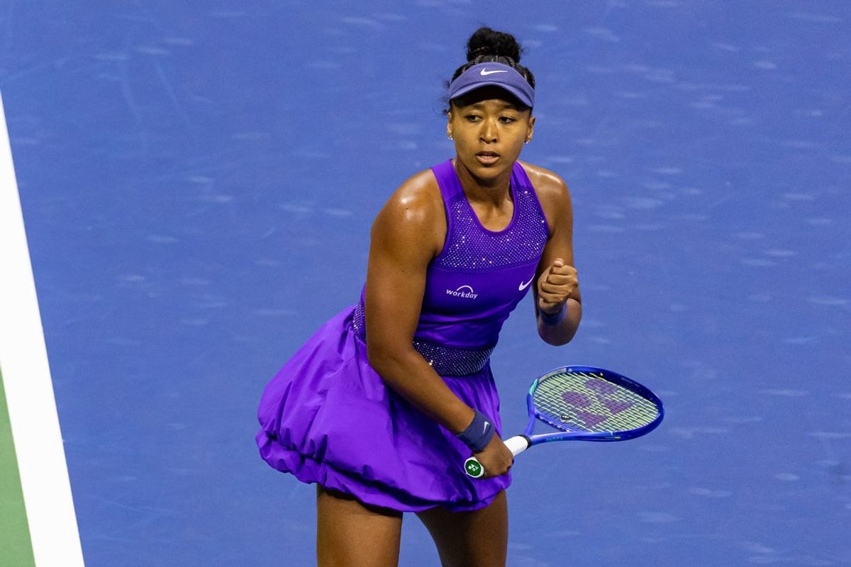 Sep 4, 2025; Flushing, NY, USA; Naomi Osaka of Japan in action against Amanda Anisimova of the United States in the semifinal of the women’s singles at the US Open at Arthur Ashe Stadium in Billie Jean King National Tennis Center. Mandatory Credit: Mike Frey-Imagn Images