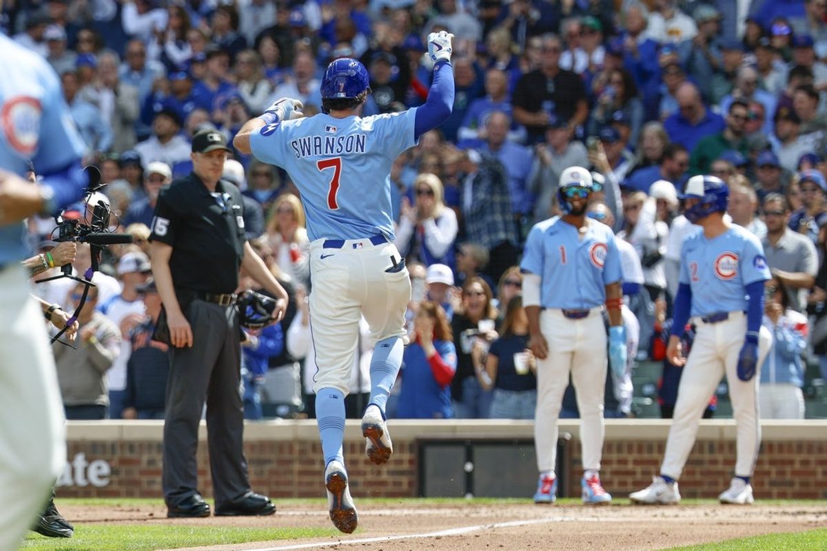 Sep 5, 2025; Chicago, Illinois, USA; Chicago Cubs shortstop Dansby Swanson (7) rounds the bases after hitting a three-run home run against the Washington Nationals during the first inning at Wrigley Field. Mandatory Credit: Kamil Krzaczynski-Imagn Images