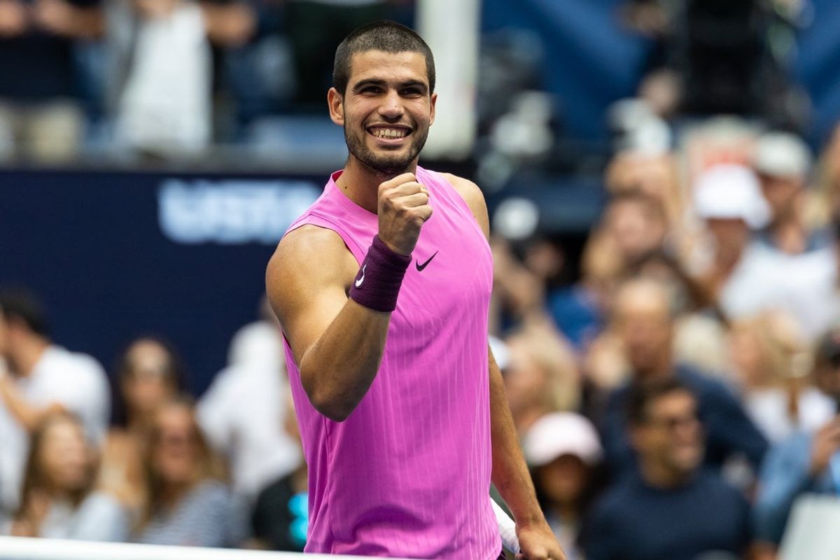 Sep 5, 2025; Flushing, NY, USA; Carlos Alcaraz of Spain celebrates his victory over Novak Djokovic of Serbia in the semifinal of the menís singles at the US Open at Arthur Ashe Stadium in Billie Jean King National Tennis Center. Mandatory Credit: Mike Frey-Imagn Images
