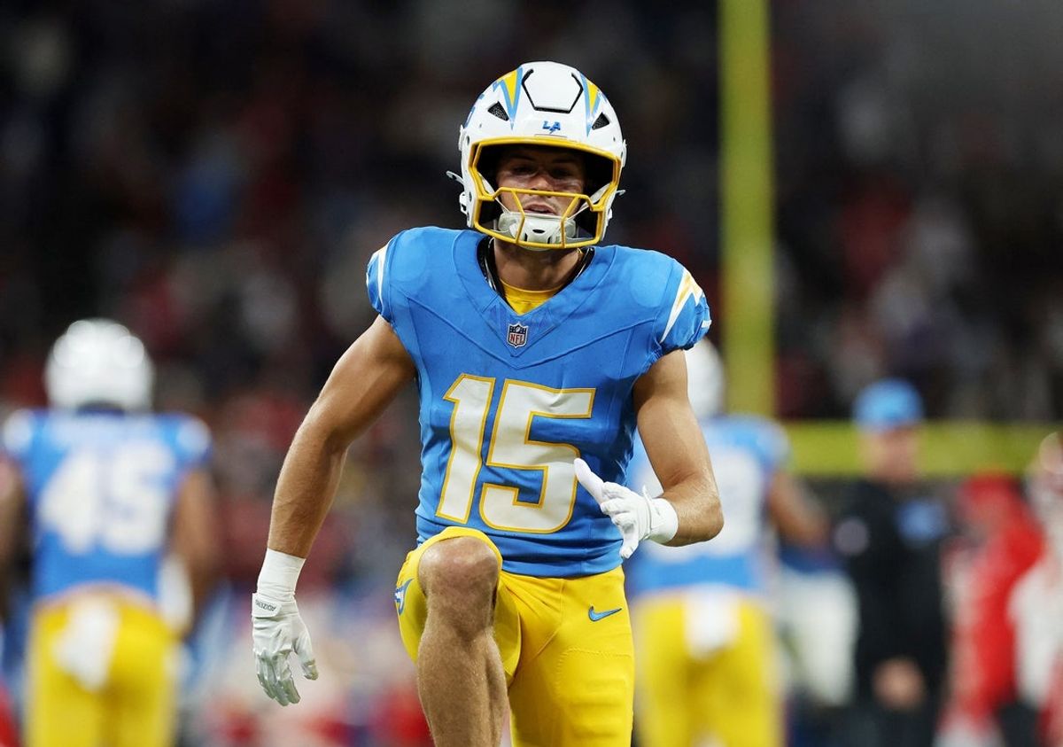 [US, Mexico & Canada customers only] Sep 5, 2025; Sao Paulo, BRAZIL;  Los Angeles Chargers wide receiver Ladd McConkey (15) during the warm up before a NFL game at Corinthians Arena. Mandatory Credit: Amanda Perobelli/Reuters via Imagn Images