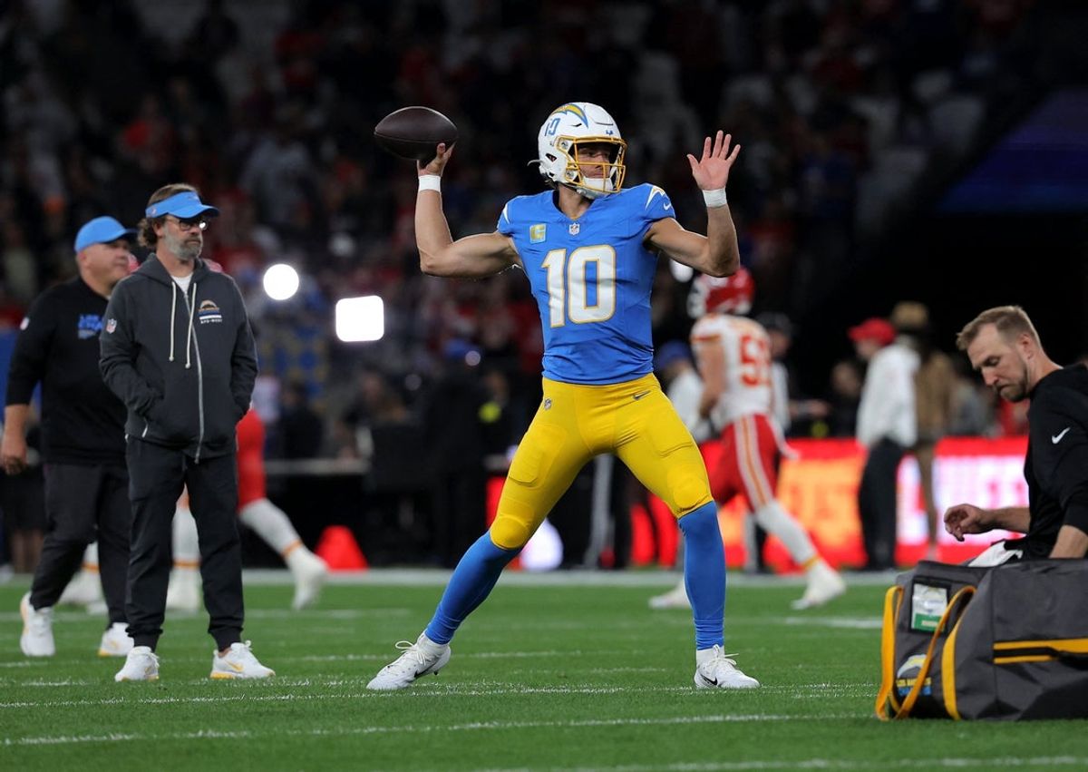 [US, Mexico & Canada customers only] Sep 5, 2025; Sao Paulo, BRAZIL;  Los Angeles Chargers quarterback Justin Herbert (10) during the warm up before a NFL game against the Kansas City Chiefs at Corinthians Arena. Mandatory Credit: Amanda Perobelli/Reuters via Imagn Images