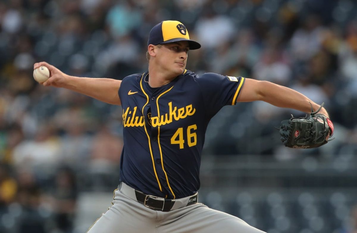 Sep 5, 2025; Pittsburgh, Pennsylvania, USA;  Milwaukee Brewers starting pitcher Quinn Priester (46) delivers a pitch against the Pittsburgh Pirates during the first inning at PNC Park. Mandatory Credit: Charles LeClaire-Imagn Images