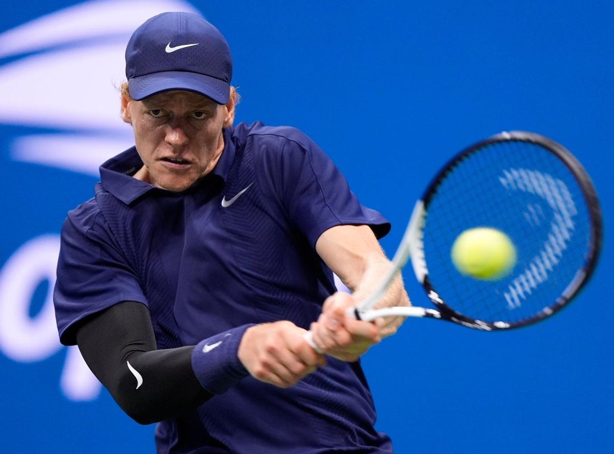 Sep 5, 2025; Flushing, NY, USA;  Jannik Sinner (ITA) hits to Felix Auger-Aliassime (CAN) (not pictured) on day thirteen of the 2025 U.S. Open tennis tournament at the USTA Billie Jean King National Tennis Center. Mandatory Credit: Robert Deutsch-Imagn Images