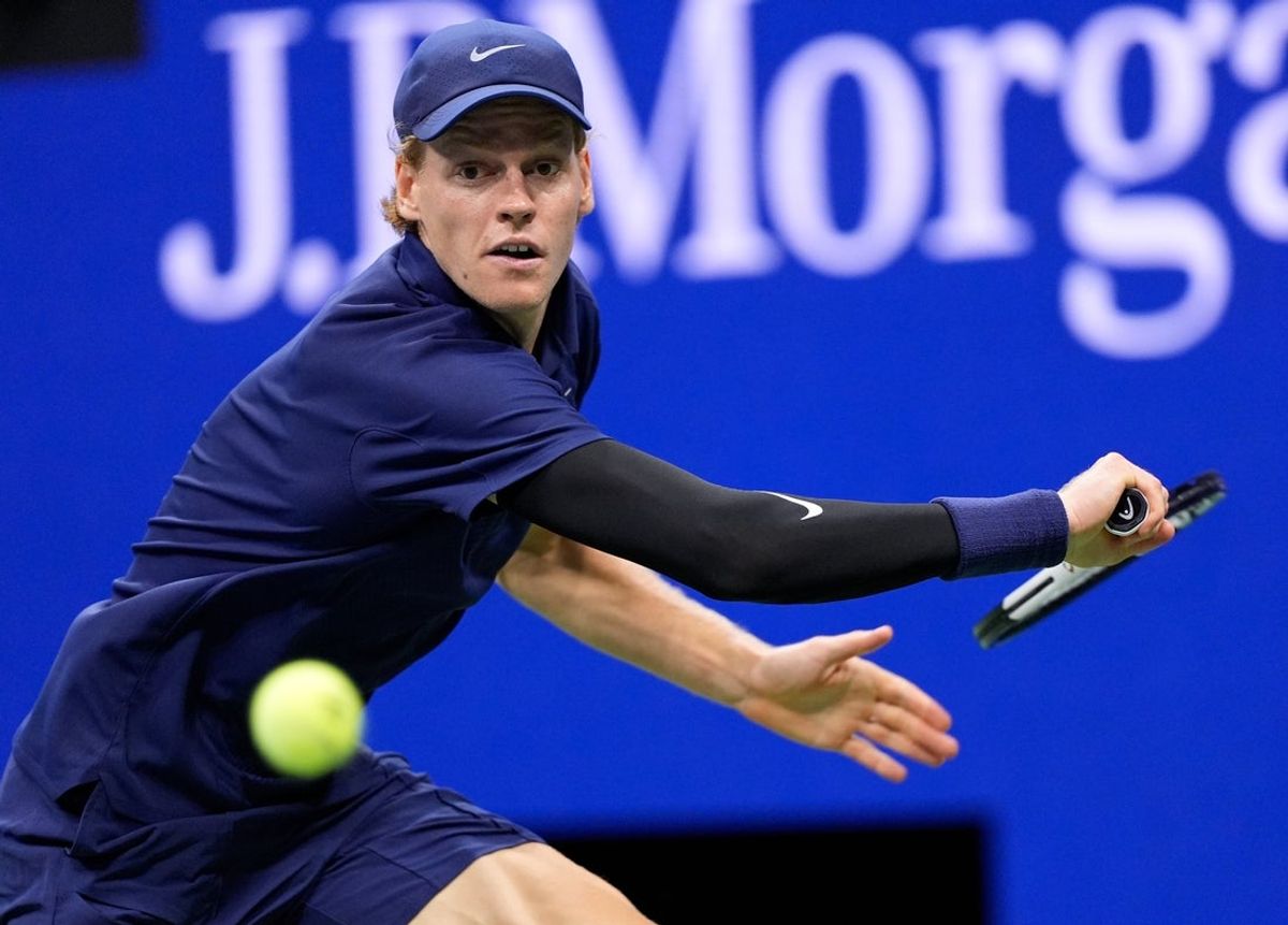 Sep 5, 2025; Flushing, NY, USA;  Jannik Sinner (ITA) hits to Felix Auger-Aliassime (CAN) (not pictured) on day thirteen of the 2025 U.S. Open tennis tournament at the USTA Billie Jean King National Tennis Center. Mandatory Credit: Robert Deutsch-Imagn Images