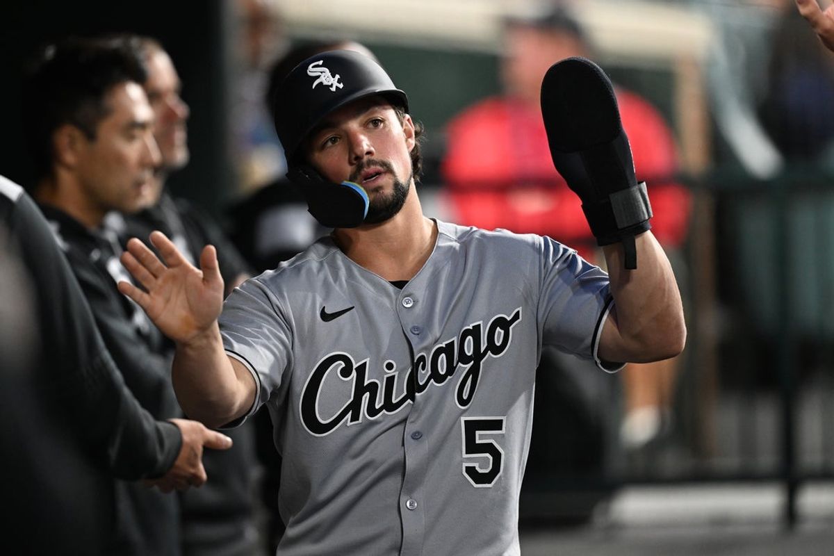 Sep 5, 2025; Detroit, Michigan, USA;  Chicago White Sox center fielder Dominic Fletcher (5) celebrates in the dugout after scoring a run against the Detroit Tigers in the fifth inning at Comerica Park. Mandatory Credit: Lon Horwedel-Imagn Images