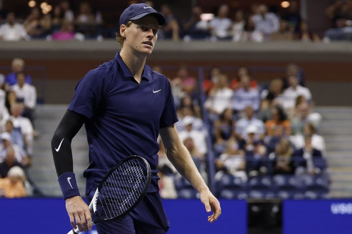 Sep 5, 2025; Flushing, NY, USA; Jannik Sinner (ITA) stands on the court between points against Felix Auger-Aliassime (CAN) (not pictured) in a men's singles semifinal on day thirteen of the 2025 US Open tennis championships at USTA Billie Jean King National Tennis Center. Mandatory Credit: Geoff Burke-Imagn Images