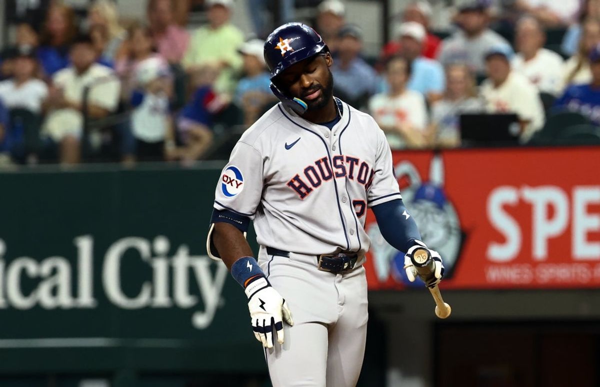 Sep 5, 2025; Arlington, Texas, USA;  Houston Astros center fielder Taylor Trammell (26) reacts after striking out during the fourth inning against the Texas Rangers at Globe Life Field. Mandatory Credit: Kevin Jairaj-Imagn Images