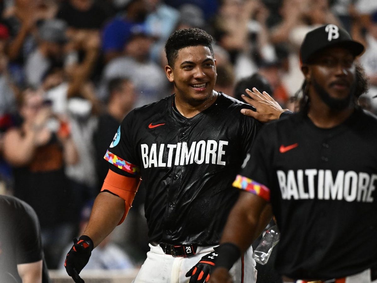 Sep 5, 2025; Baltimore, Maryland, USA;  Baltimore Orioles catcher Samuel Basallo (29) celebrates hitting a walk off solo home run during the ninth inning against the Los Angeles Dodgers at Oriole Park at Camden Yards. Mandatory Credit: James A. Pittman-Imagn Images