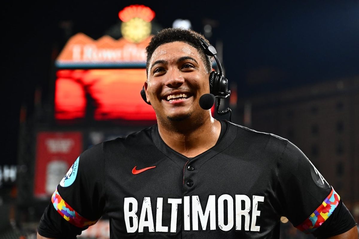 Sep 5, 2025; Baltimore, Maryland, USA;  Baltimore Orioles catcher Samuel Basallo (29) is interviewed after hitting a walk off home run during the ninth inning against the Los Angeles Dodgers at Oriole Park at Camden Yards. Mandatory Credit: James A. Pittman-Imagn Images