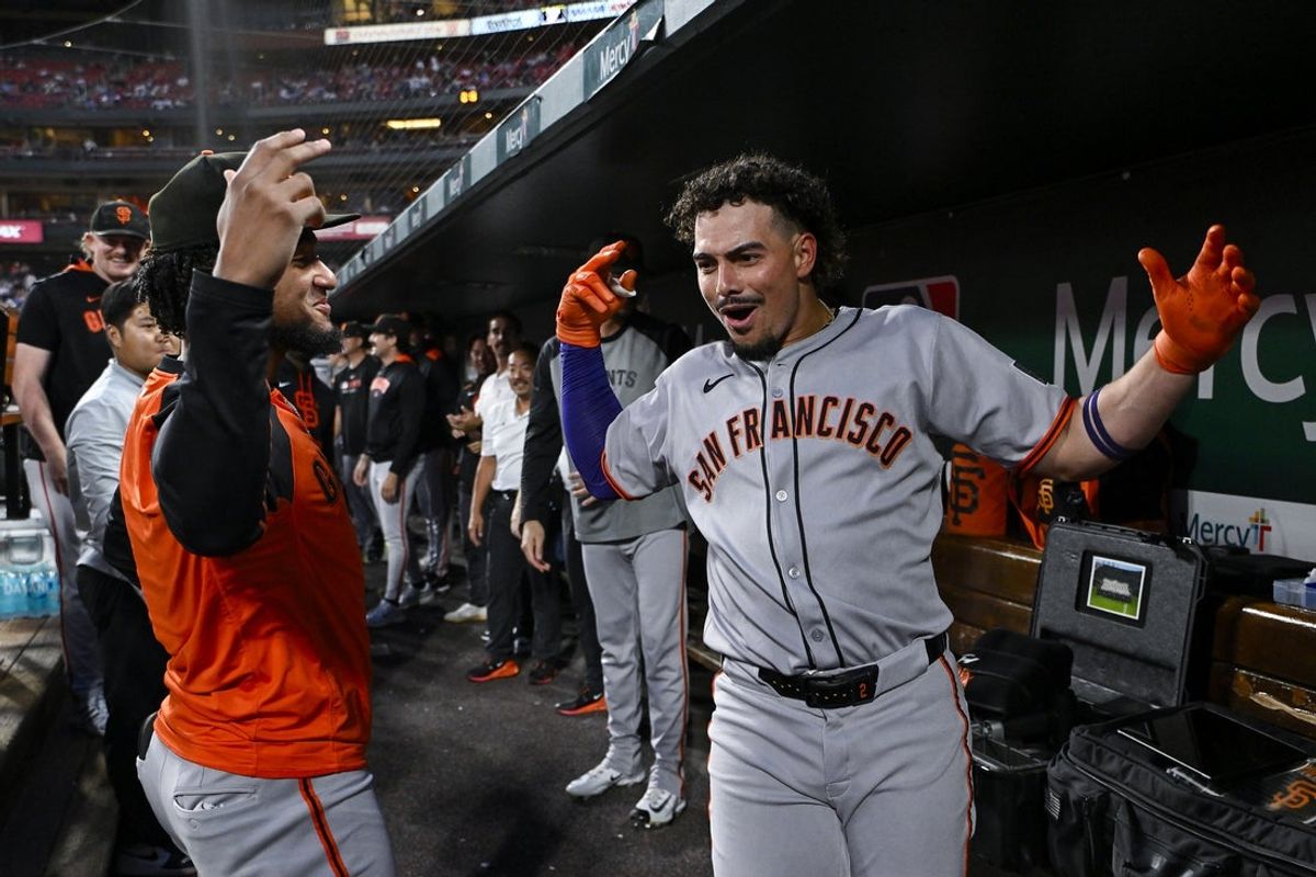 Sep 5, 2025; St. Louis, Missouri, USA;  San Francisco Giants shortstop Willy Adames (2) celebrates with Luis Matos (29) after hitting a solo home run against the St. Louis Cardinals during the first inning at Busch Stadium. Mandatory Credit: Jeff Curry-Imagn Images
