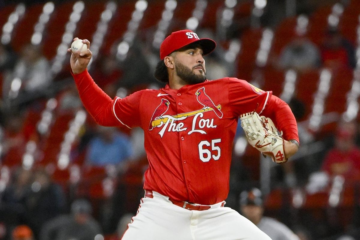 Sep 5, 2025; St. Louis, Missouri, USA;  St. Louis Cardinals relief pitcher Andre Granillo (65) pitches against the San Francisco Giants during the ninth inning at Busch Stadium. Mandatory Credit: Jeff Curry-Imagn Images