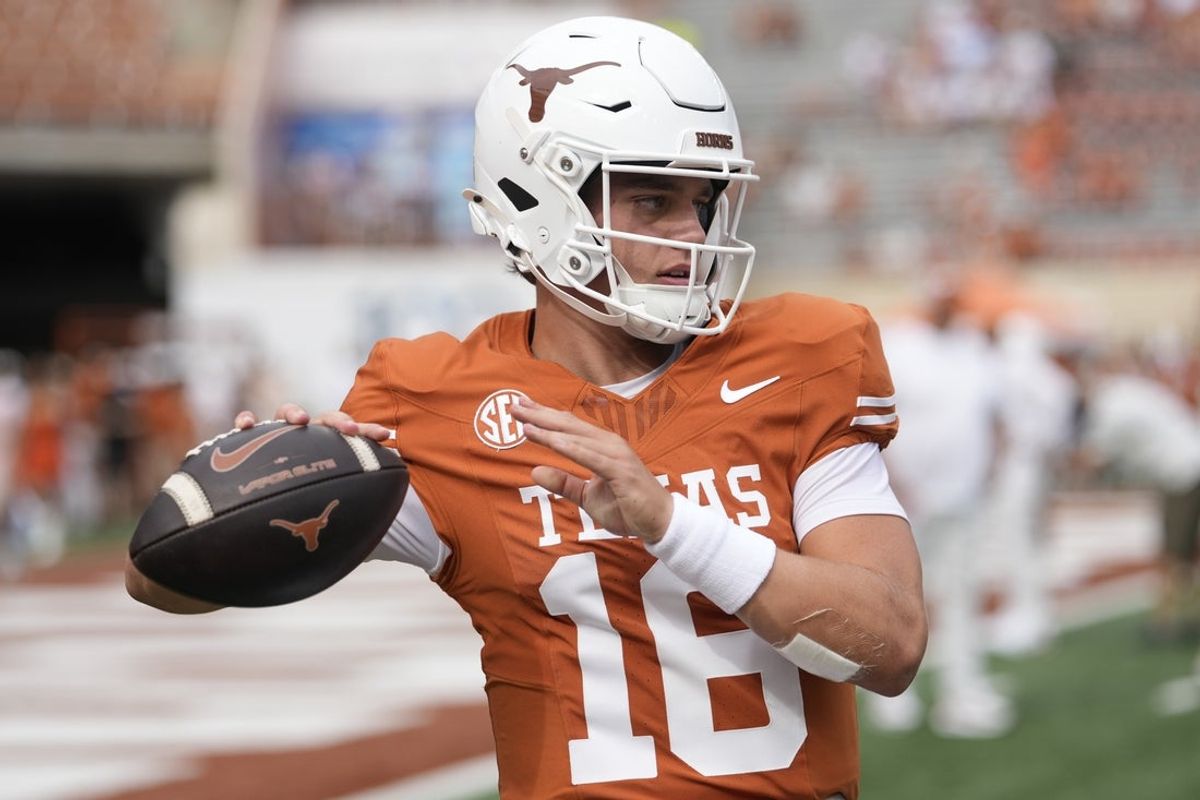 Sep 6, 2025; Austin, Texas, USA; Texas Longhorns quarterback Arch Manning (16) warms up before the game against San Jose State Spartans at Darrell K Royal-Texas Memorial Stadium. Mandatory Credit: Scott Wachter-Imagn Images