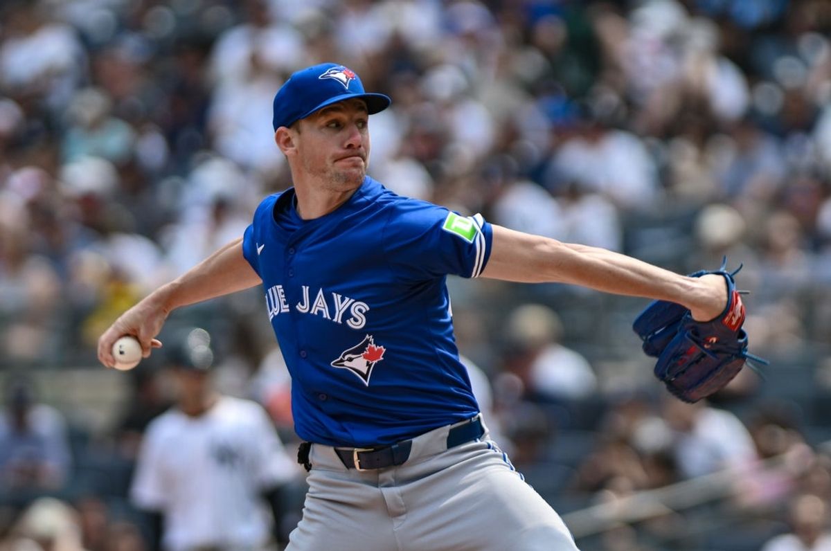Sep 6, 2025; Bronx, New York, USA; Toronto Blue Jays pitcher Chris Bassitt (40) pitches against the New York Yankees during the first inning at Yankee Stadium. Mandatory Credit: John Jones-Imagn Images