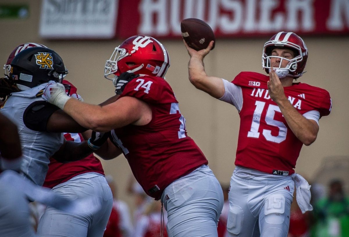 Indiana's Fernando Mendoza (15) during the Indiana versus Kennesaw State Big Ten football game at Memorial Stadium on Saturday, Sept. 6, 2025.