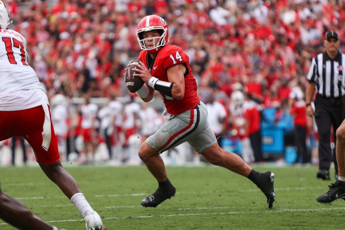 Sep 6, 2025; Athens, Georgia, USA; Georgia Bulldogs quarterback Gunner Stockton (14) looks to throw against the Austin Peay Governors in the second quarter at Sanford Stadium. Mandatory Credit: Brett Davis-Imagn Images