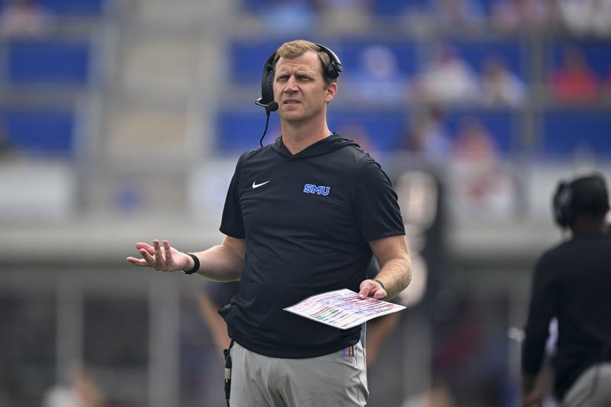 Sep 6, 2025; Dallas, Texas, USA; SMU Mustangs head coach Rhett Lashlee reacts to a call during the second half against the Baylor Bears at Gerald J. Ford Stadium. Mandatory Credit: Jerome Miron-Imagn Images