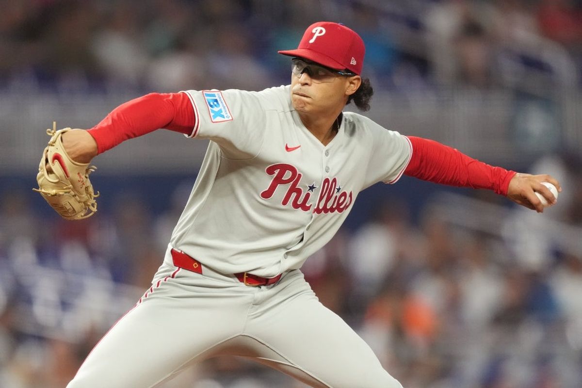 Sep 6, 2025; Miami, Florida, USA;  Philadelphia Phillies pitcher Jesus Luzardo (44) pitches in the first inning against the Miami Marlins at loanDepot Park. Mandatory Credit: Jim Rassol-Imagn Images