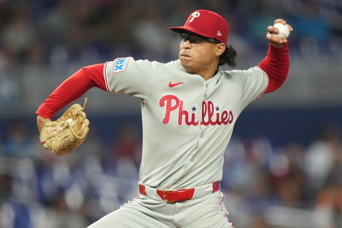 Sep 6, 2025; Miami, Florida, USA;  Philadelphia Phillies pitcher Jesus Luzardo (44) pitches in the first inning against the Miami Marlins at loanDepot Park. Mandatory Credit: Jim Rassol-Imagn Images