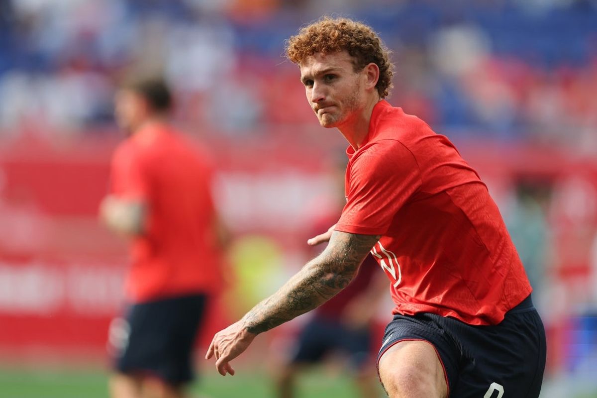 Sep 6, 2025; Harrison, New Jersey, USA; US Men's National Team forward Josh Sargent (9) warms up before the match against South Korea before the match at Sports Illustrated Stadium. Mandatory Credit: Vincent Carchietta-Imagn Images