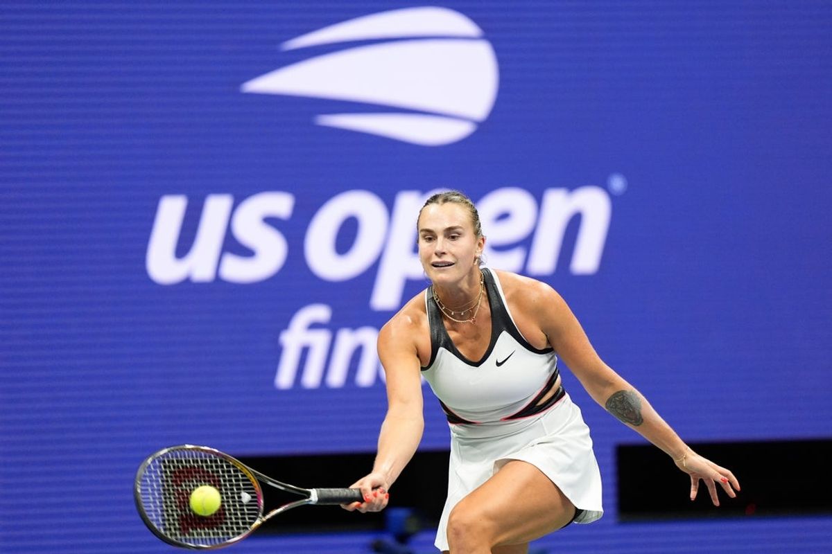 Sep 6, 2025; Flushing, NY, USA; Aryna Sabalenka hits a forehand against Amanda Anisimova (USA) (not pictured) in the women's singles final of the 2025 US Open tennis championships at Billie Jean King National Tennis Center. Mandatory Credit: Robert Deutsch-Imagn Images