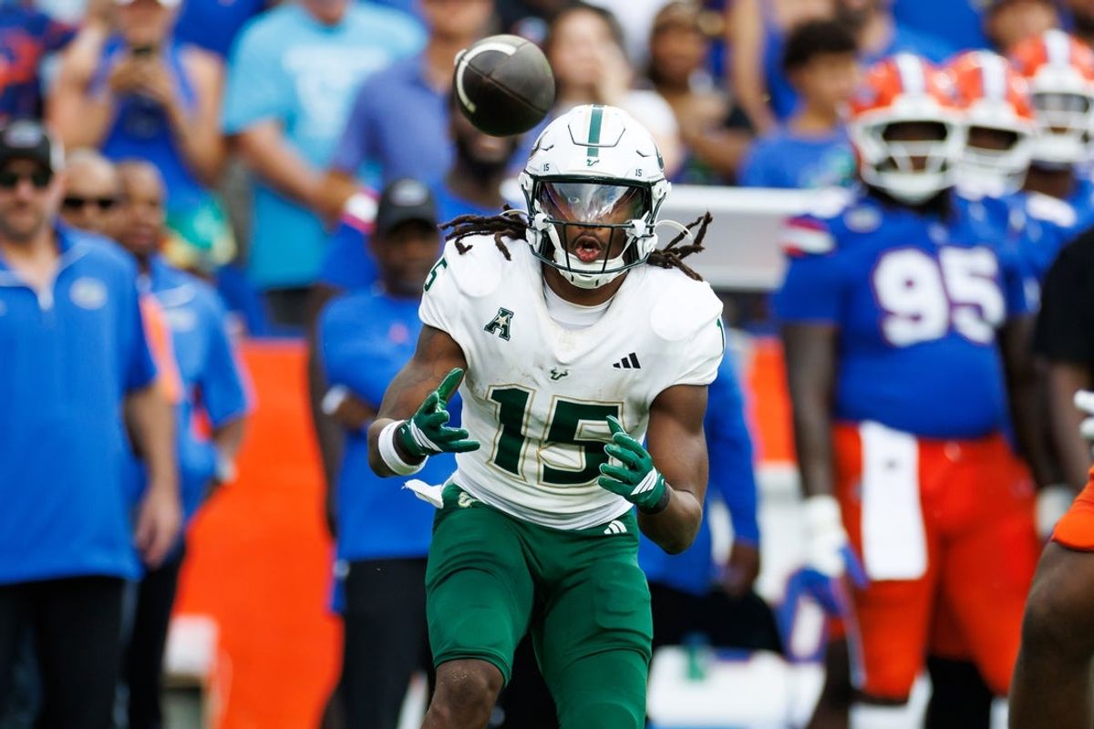 Sep 6, 2025; Gainesville, Florida, USA; South Florida Bulls tight end Tayte Crable (15) looks to catch a pass against the Florida Gators during the first half at Ben Hill Griffin Stadium. Mandatory Credit: Matt Pendleton-Imagn Images
