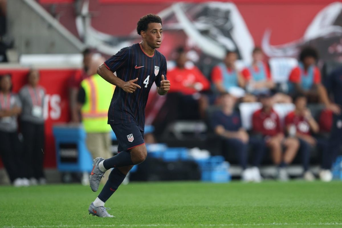 Sep 6, 2025; Harrison, New Jersey, USA; US Men's National Team midfielder Tyler Adams (4) in action against South Korea during the first half at Sports Illustrated Stadium. Mandatory Credit: Vincent Carchietta-Imagn Images