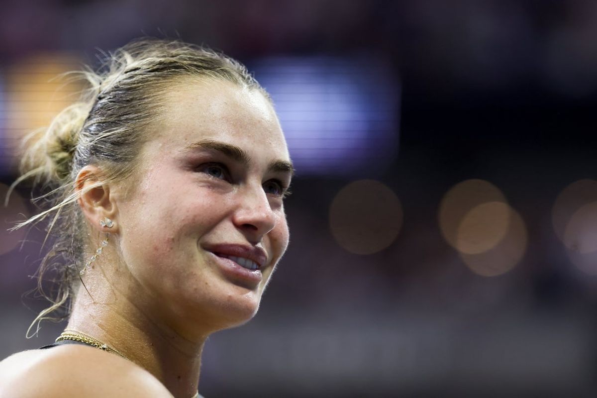 Sep 6, 2025; Flushing, NY, USA; Aryna Sabalenka reacts after winning the women's singles final against Amanda Anisimova (USA) (not pictured) of the 2025 US Open tennis championships at Billie Jean King National Tennis Center. Mandatory Credit: Mike Frey-Imagn Images