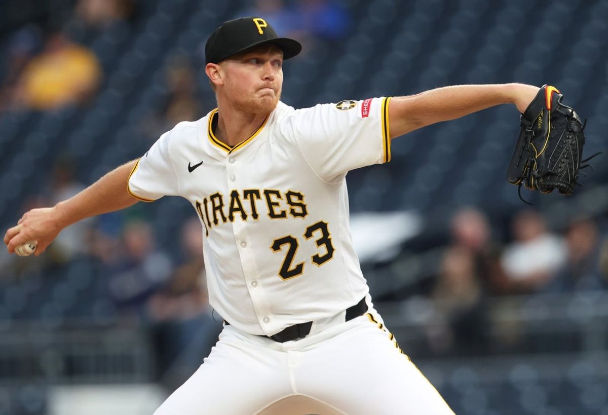 Sep 6, 2025; Pittsburgh, Pennsylvania, USA;  Pittsburgh Pirates starting pitcher Mitch Keller (23) delivers a pitch against the Milwaukee Brewers during the first inning at PNC Park. Mandatory Credit: Charles LeClaire-Imagn Images