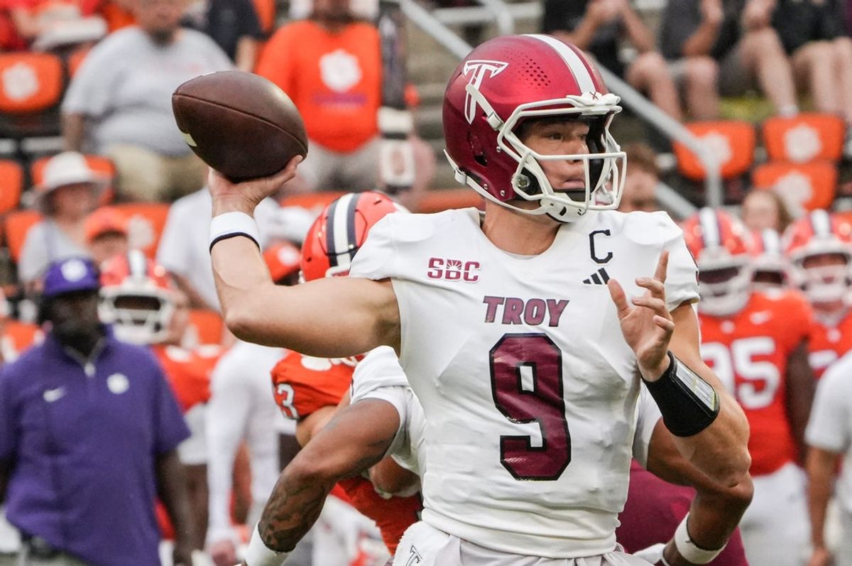Troy Trojans quarterback Goose Crowder (9) passes during the second quarter at Memorial Stadium in Clemson, S.C. Saturday, September 6, 2025.