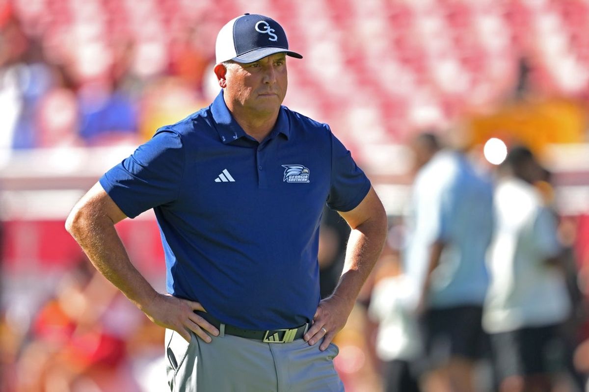 Sep 6, 2025; Los Angeles, California, USA;  Georgia Southern Eagles head coach Clay Helton looks on prior to the game against the USC Trojans at United Airlines Field at Los Angeles Memorial Coliseum. Mandatory Credit: Jayne Kamin-Oncea-Imagn Images
