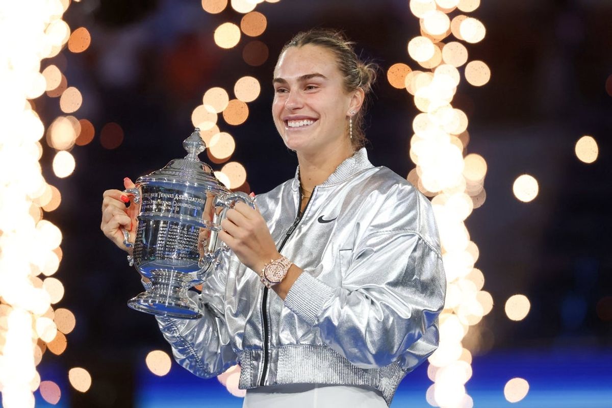 Sep 6, 2025; Flushing, NY, USA; Aryna Sabalenka celebrates championship trophy after winning the women's singles final against Amanda Anisimova (USA) (not pictured) of the 2025 US Open tennis championships at Billie Jean King National Tennis Center. Mandatory Credit: Mike Frey-Imagn Images