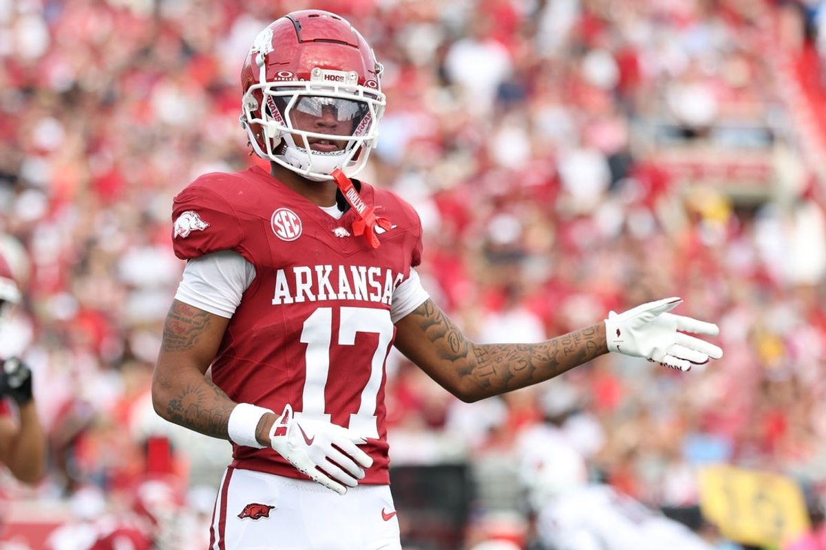 Sep 6, 2025; Little Rock, Arkansas, USA; Arkansas Razorbacks wide receiver Jalen Brown (17) lines up during the second quarter against the Arkansas State Red Wolves at War Memorial Stadium. Mandatory Credit: Nelson Chenault-Imagn Images