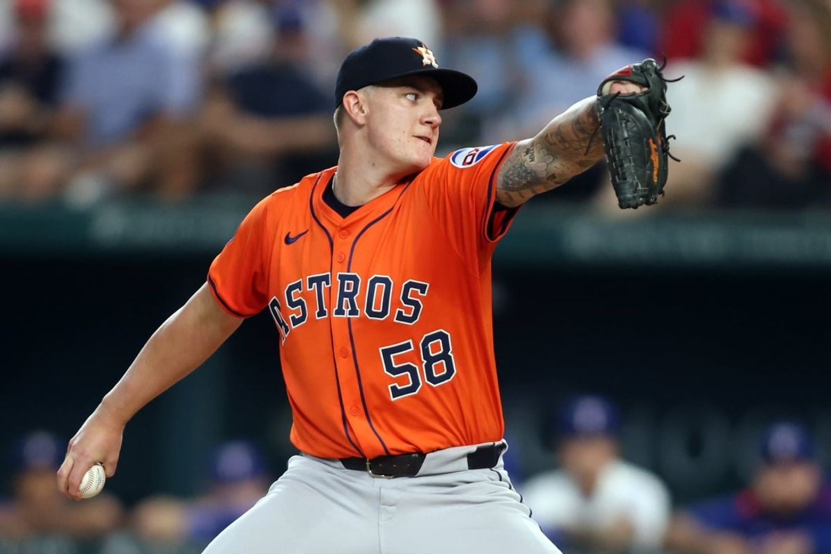 Sep 6, 2025; Arlington, Texas, USA; Houston Astros pitcher Hunter Brown (58) throws a pitch during the first inning against the Texas Rangers at Globe Life Field. Mandatory Credit: Tim Heitman-Imagn Images