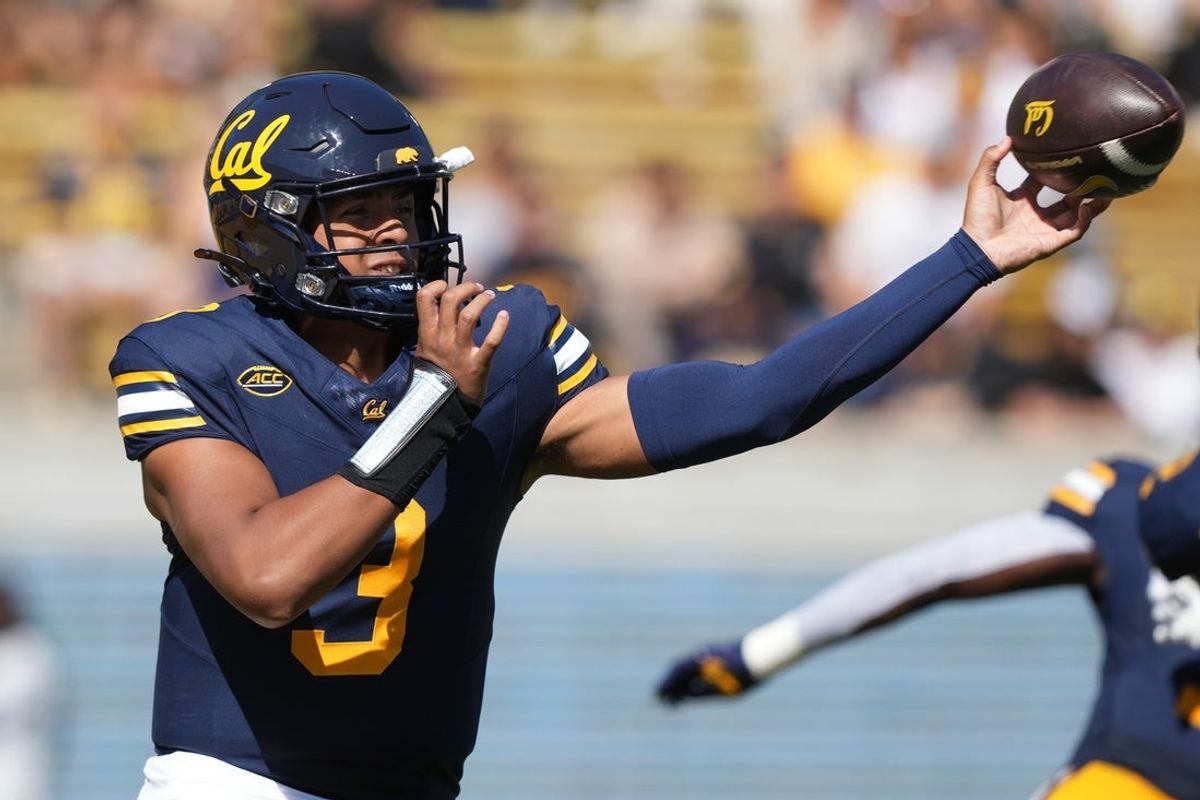 Sep 6, 2025; Berkeley, California, USA; California Golden Bears quarterback Jaron-Keawe Sagapolutele (3) throws a pass against the Texas Southern Tigers during the first quarter at California Memorial Stadium. Mandatory Credit: Darren Yamashita-Imagn Images