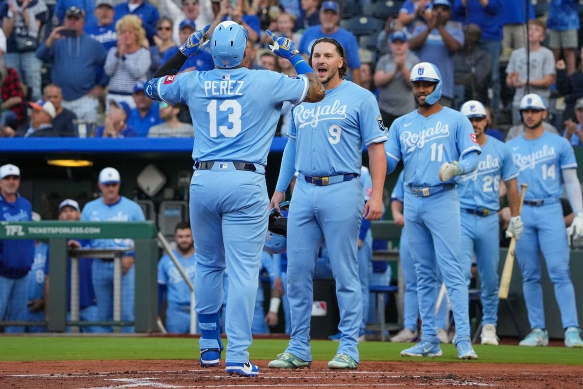 Sep 6, 2025; Kansas City, Missouri, USA; Kansas City Royals catcher Salvador Perez (13) runs the bases after hitting a three run home run against the Minnesota Twins during the first inning at Kauffman Stadium. Mandatory Credit: Denny Medley-Imagn Images