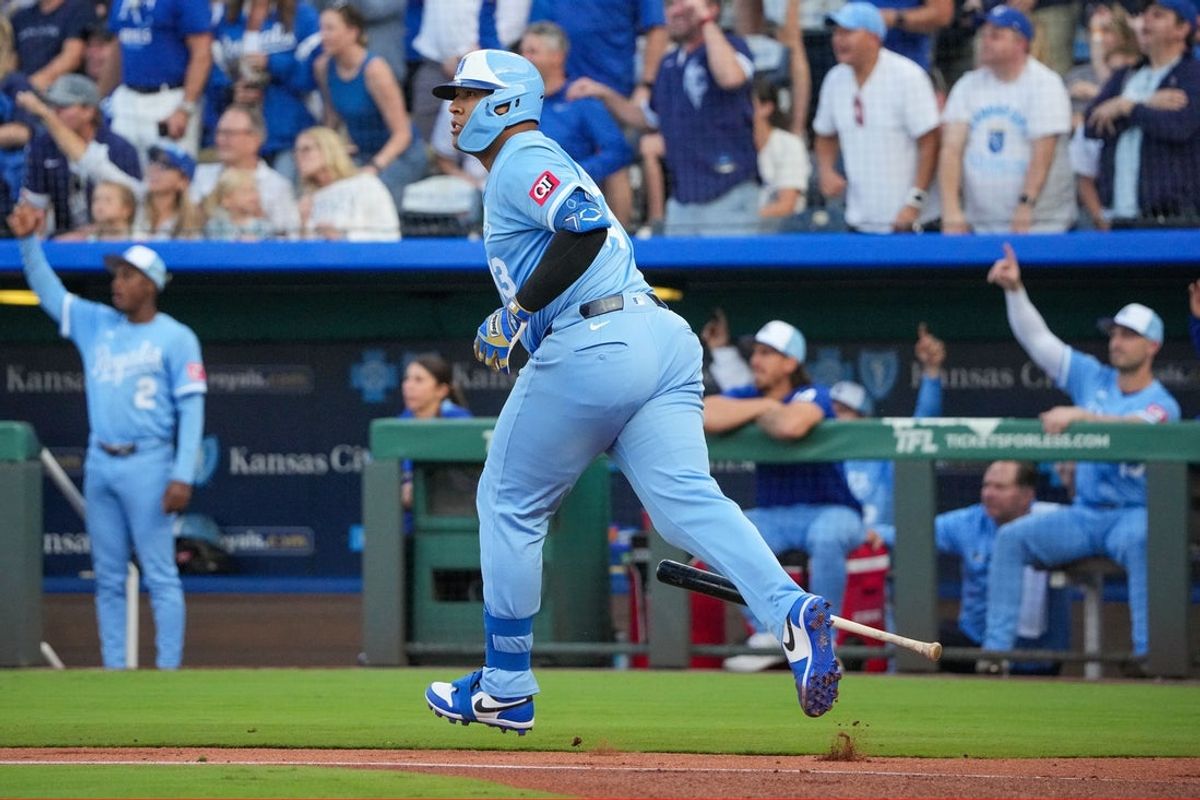 Sep 6, 2025; Kansas City, Missouri, USA; Kansas City Royals catcher Salvador Perez (13) runs the bases after hitting a three run home run against the Minnesota Twins during the first inning at Kauffman Stadium. Mandatory Credit: Denny Medley-Imagn Images