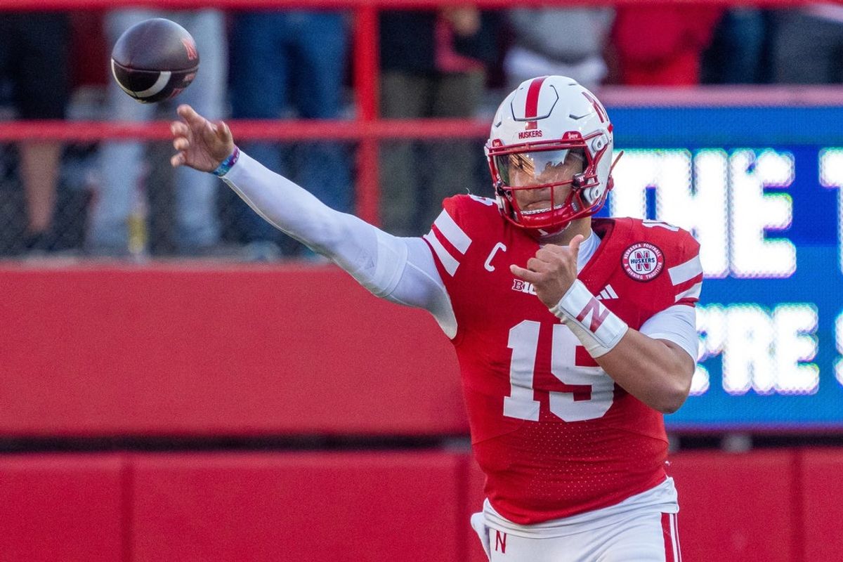 Sep 6, 2025; Lincoln, Nebraska, USA; Nebraska Cornhuskers quarterback Dylan Raiola (15) passes against the Akron Zips during the first quarter at Memorial Stadium. Mandatory Credit: Dylan Widger-Imagn Images