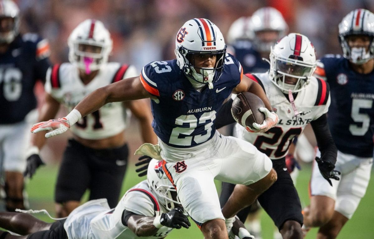 Auburn Tigers running back Jeremiah Cobb (23) breaks free for a touchdown as Auburn Tigers take on Ball State Cardinals at Jordan-Hare Stadium in Auburn, Ala. on Saturday, Sept. 6, 2025.