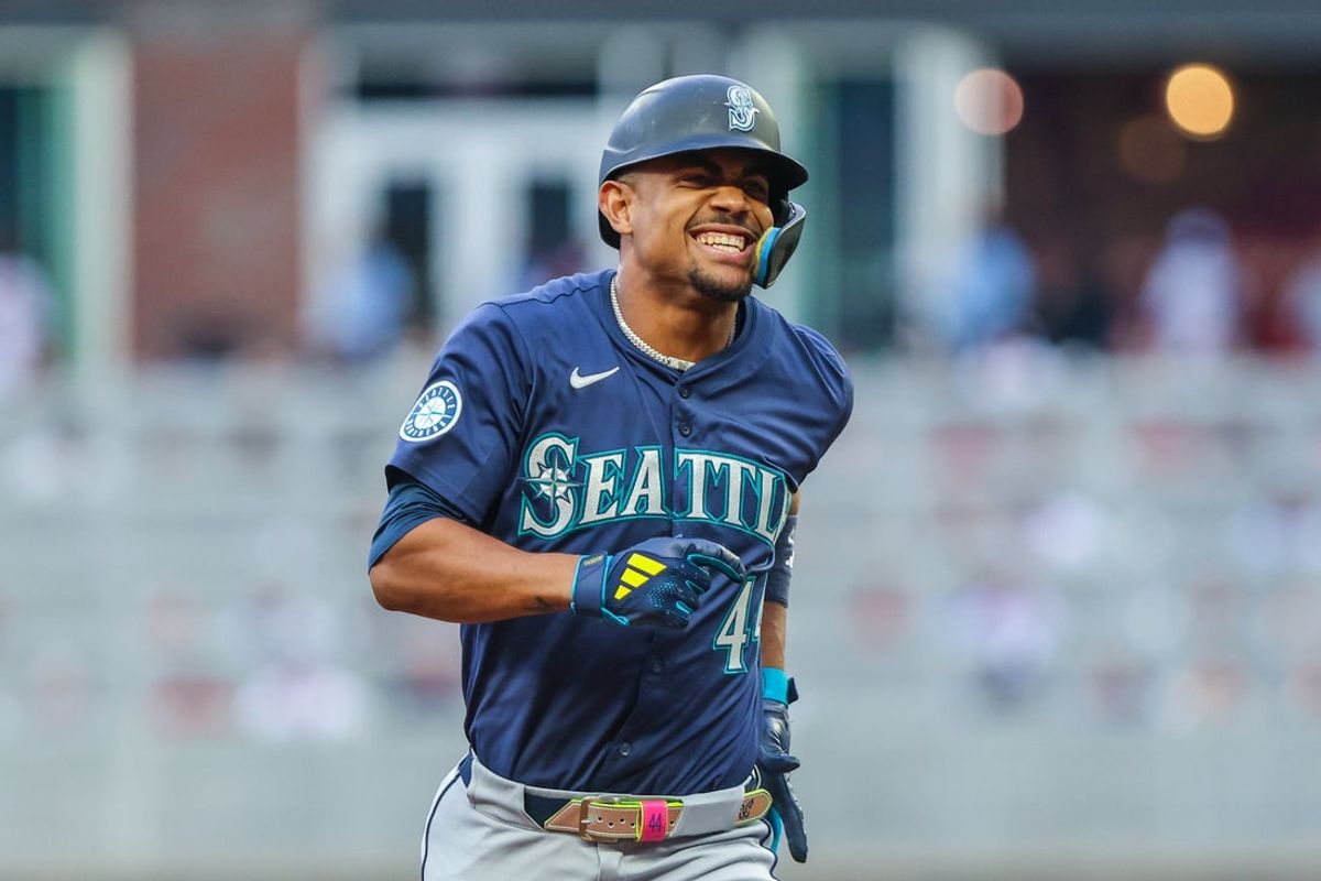 Sep 6, 2025; Cumberland, Georgia, USA; Seattle Mariners outfielder Julio Rodriguez (44) runs the bases after hitting a home run against the Atlanta Braves during the first inning at Truist Park. Mandatory Credit: Jordan Godfree-Imagn Images