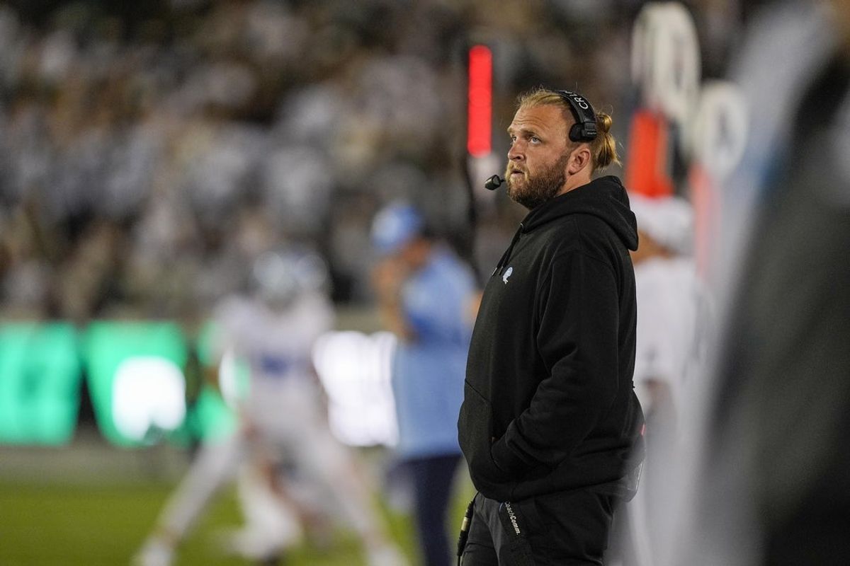 Sep 6, 2025; Charlotte, North Carolina, USA; North Carolina Tar Heels defensive coach Steve Belichick during the first quarter against the Charlotte 49ers at Jerry Richardson Stadium. Mandatory Credit: Jim Dedmon-Imagn Images