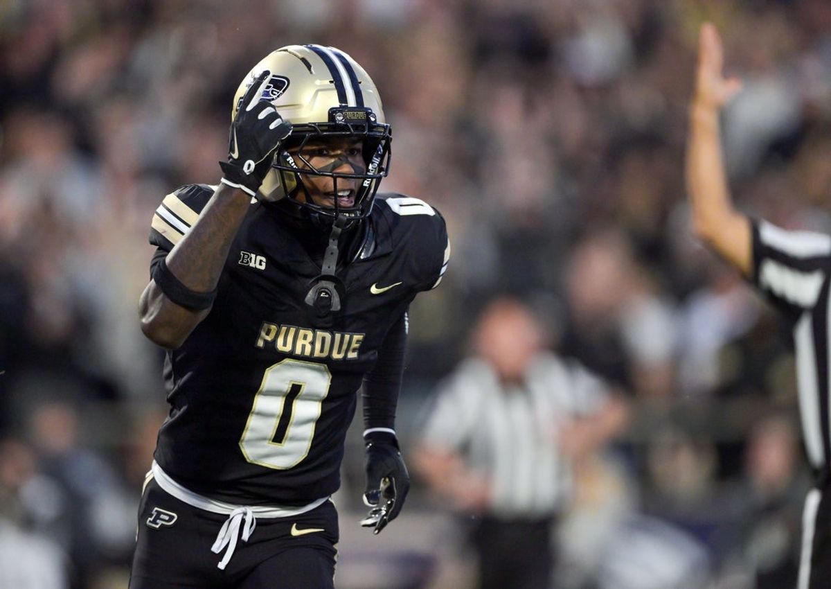 Sep 6, 2025; West Lafayette, Indiana, USA; Purdue Boilermakers wide receiver Nitro Tuggle (0) celebrates a touchdown during the first quarter against the Southern Illinois Salukis at Ross-Ade Stadium. Mandatory Credit: Marc Lebryk-Imagn Images