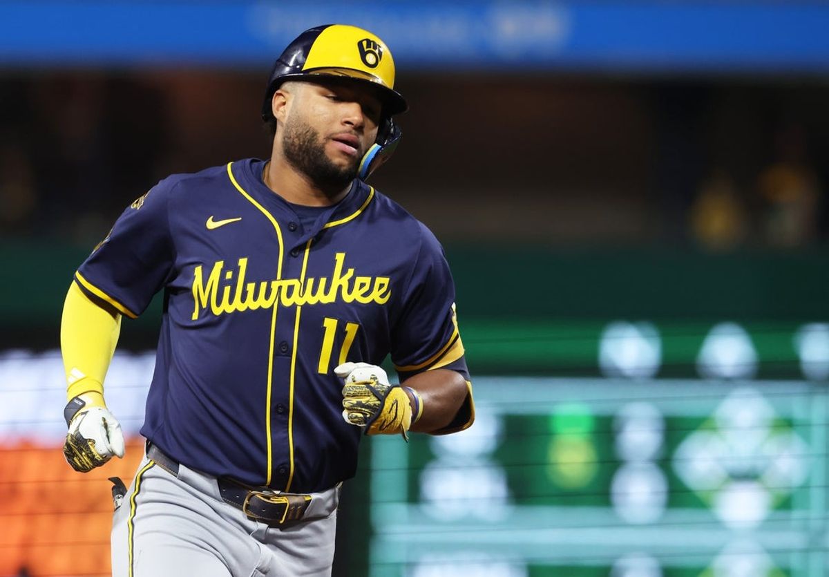 Sep 6, 2025; Pittsburgh, Pennsylvania, USA;  Milwaukee Brewers left fielder Jackson Chourio (11) circles the bases on a two run home run against the Pittsburgh Pirates during the eighth inning at PNC Park. Mandatory Credit: Charles LeClaire-Imagn Images