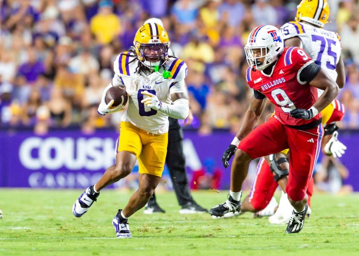 Reciever Zavion Thomas 0, LSU Tigers take on the Louisiana Tech. Sept 6, 2025; Baton Rouge, Louisiana, USA; at Tiger Stadium.