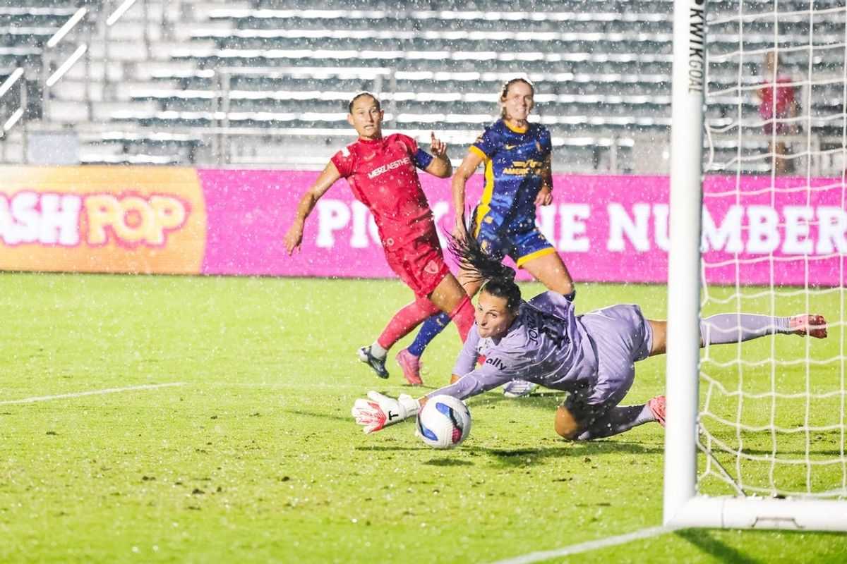 Sep 6, 2025; Cary, North Carolina, USA;  North Carolina Courage goalkeeper Marisa Jordan (44) attempted to save the ball during the first half of the game against the North Carolina Courage at First Horizon Stadium at WakeMed Soccer Park. Mandatory Credit: Jaylynn Nash-Imagn Images
