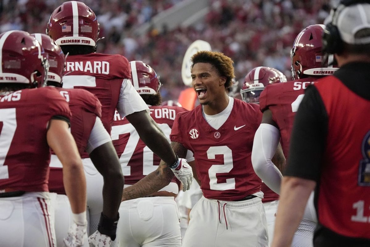 Sep 6, 2025; Tuscaloosa, Alabama, USA;  Alabama wide receiver Ryan Williams (2), who is out with an injury, congratulates teammates after a touchdown against UL Monroe at Saban Field at Bryant-Denny Stadium. Mandatory Credit: Gary Cosby Jr.-Imagn Images