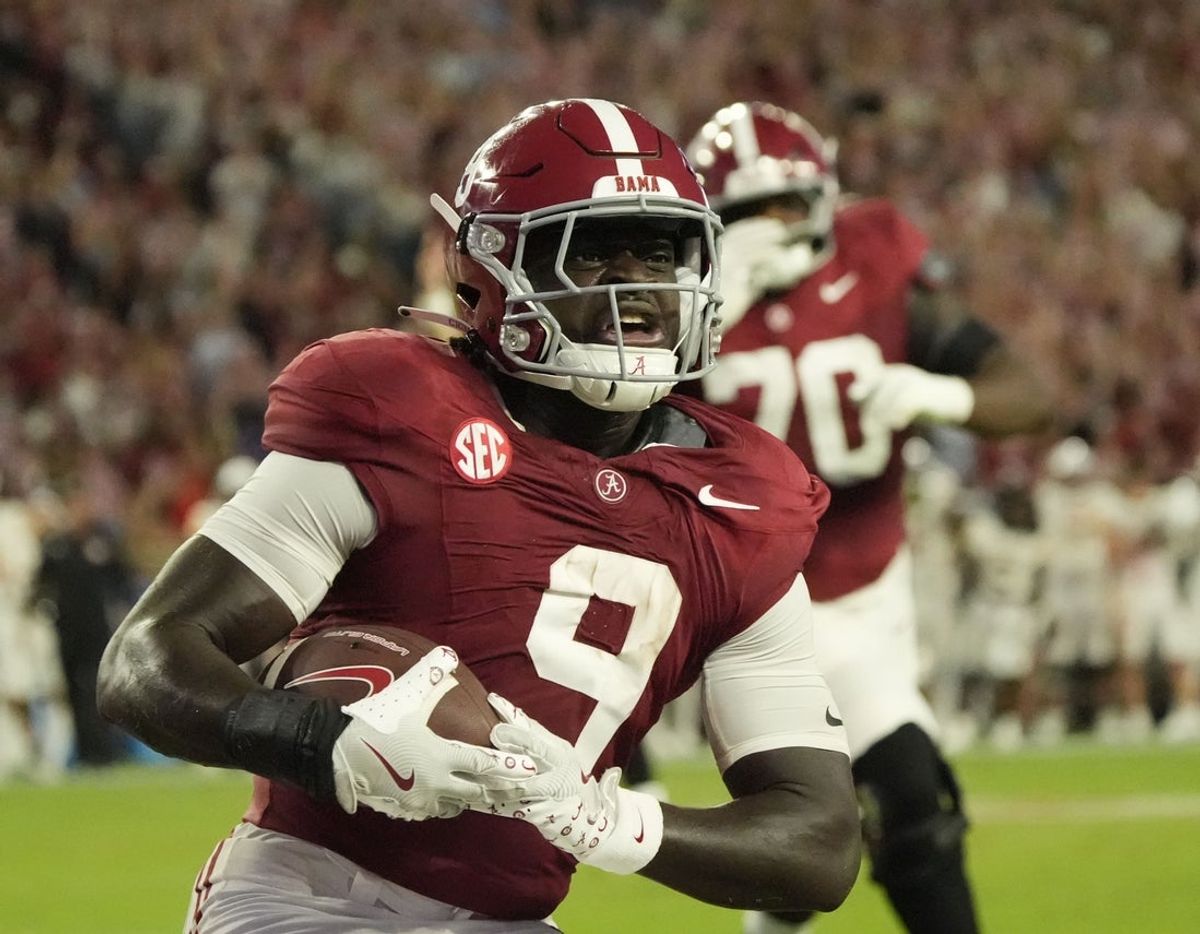 Sep 6, 2025; Tuscaloosa, Alabama, USA;  Alabama running back Richard Young (9) celebrates scoring against UL Monroe at Saban Field at Bryant-Denny Stadium. Mandatory Credit: Gary Cosby Jr.-Imagn Images